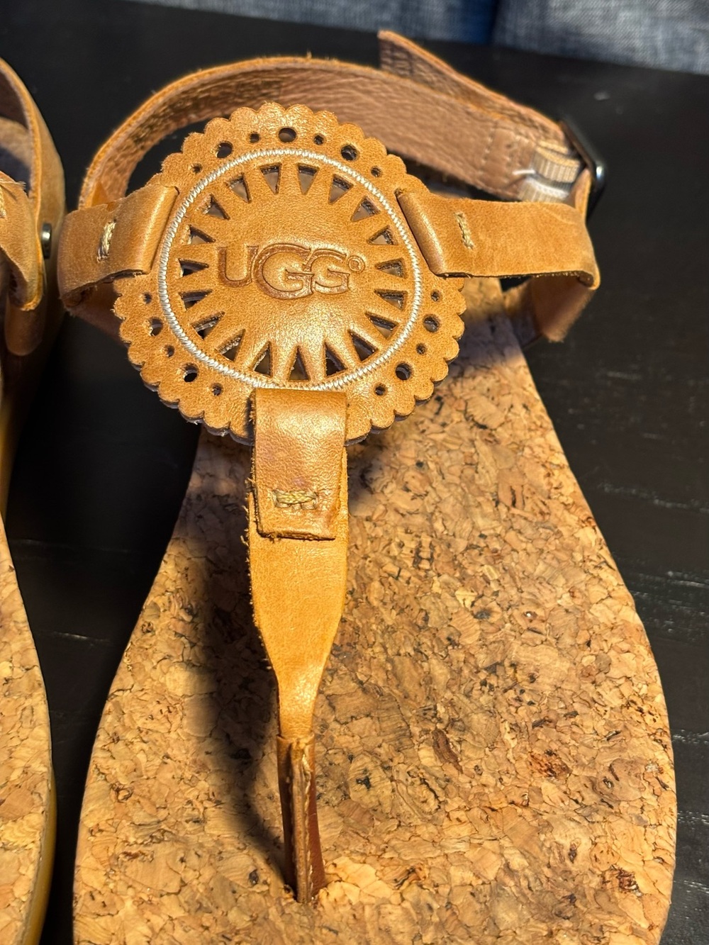 UGG Women's Tan Cork Thong Sandals with Medallion Detail - Picture 2 of 10